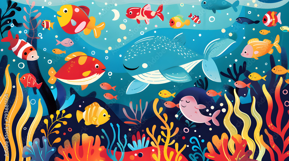 Naklejka premium Underwater scene with fishes children cartoon illustration