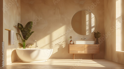 Beige minimalist bathroom interior with sun rays cabin