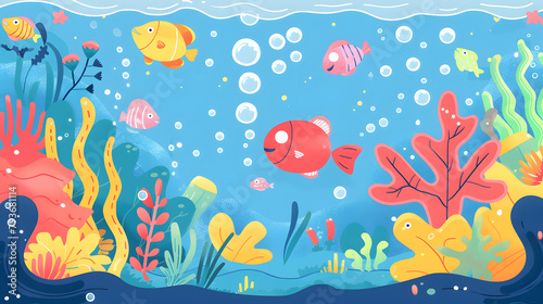 Underwater scene  with fishes children cartoon illustration © Oksana