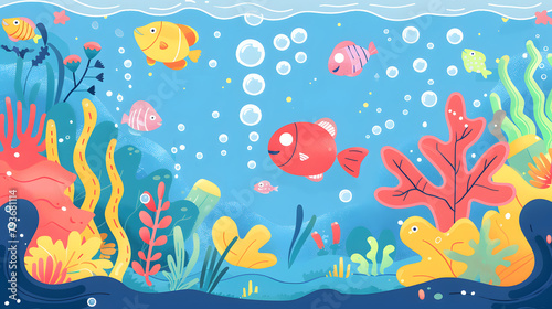 Underwater scene with fishes children cartoon illustration