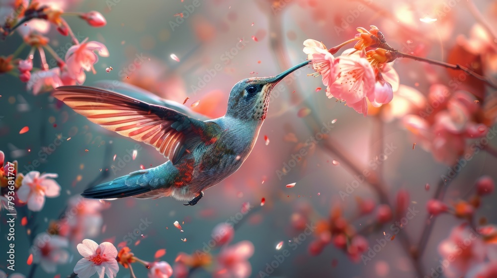 Naklejka premium A Symphony of Wings and Blooms The Hummingbird's Serenade at Dawn