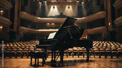 A black grand piano sits on a stage in an empty concert hall.