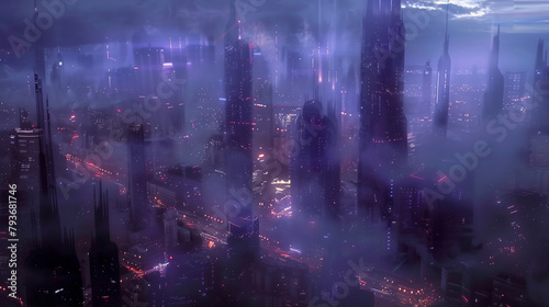 A dark, foggy cityscape with purple neon lights