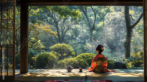 A woman in a kimono is sitting on the floor of a traditional Japanese house, looking out at a beautiful garden.