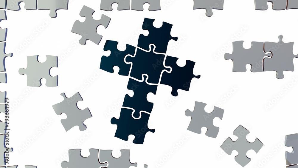 3d rendering of jigsaw pieces assembly Christianity cross  - obrazy, fototapety, plakaty 