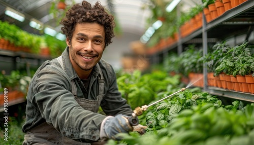 Man happily spraying plants in greenhouse for natural food production