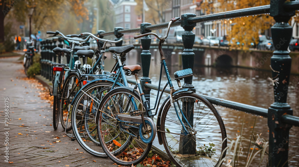 Bicycles parked against a railing along a canal