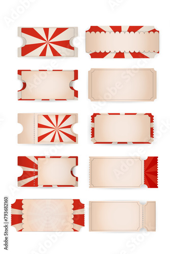 set realistic ticket,voucher coupon retro circus carnival, fair style,   template with shadow