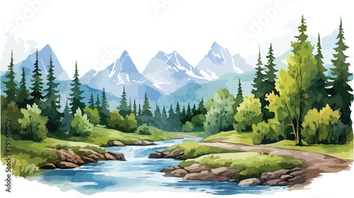 Watercolour Mountain River Clipart 2d flat cartoon