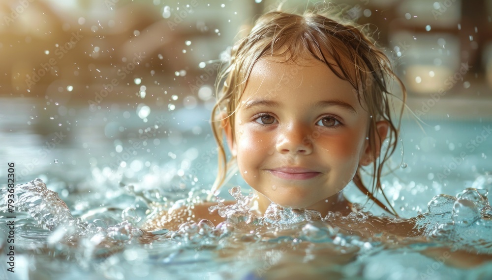Fototapeta premium A happy little girl with wet hair and a big smile in the pool