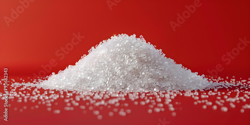 Close-up of white sugar crystals over red background, Close-Up View: Sugar Crystals on Vibrant Red Background