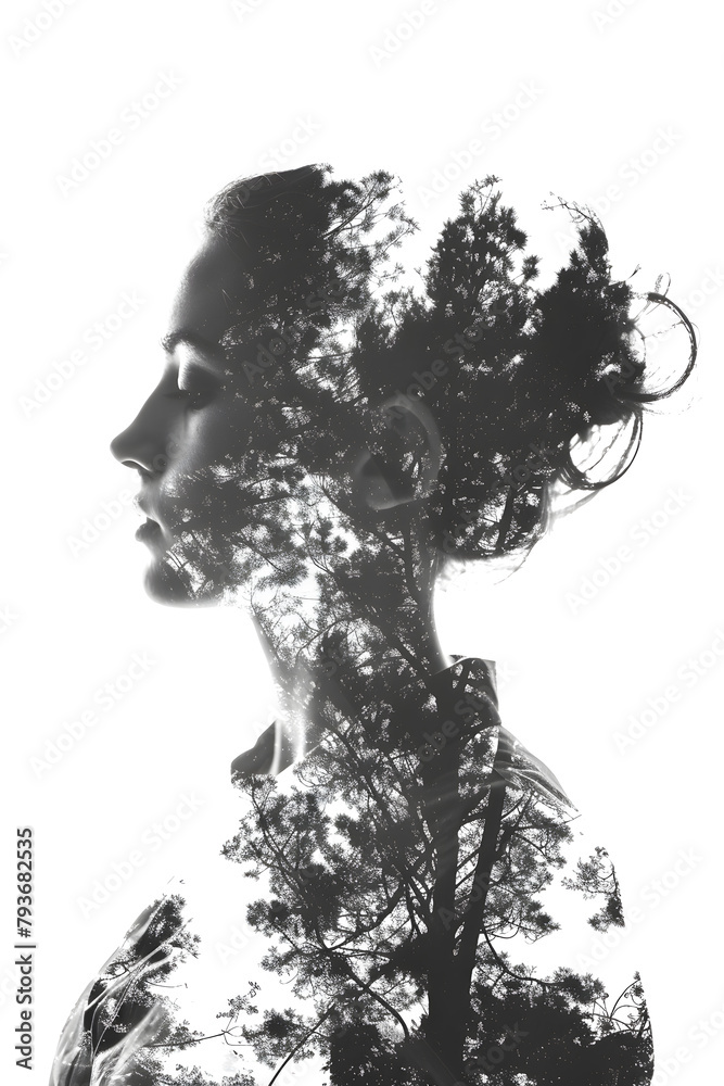 Woman silhouette black and white collage style isolated on white background