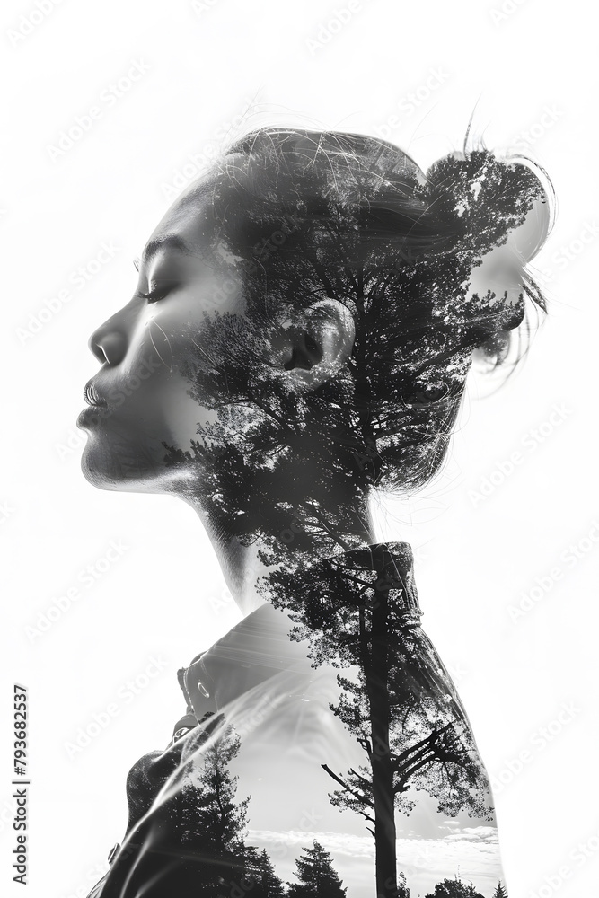 Fototapeta premium Woman silhouette black and white collage style isolated on white background
