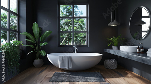 Black bathroom interior with white sink and mirror  © khan