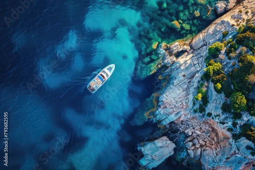 Aerial view of seascape with speed boat on blue sea in the morning at dawn in summer. Motorboat on sea bay with rocks in clear blue water. Top view from drone. Travel holiday background