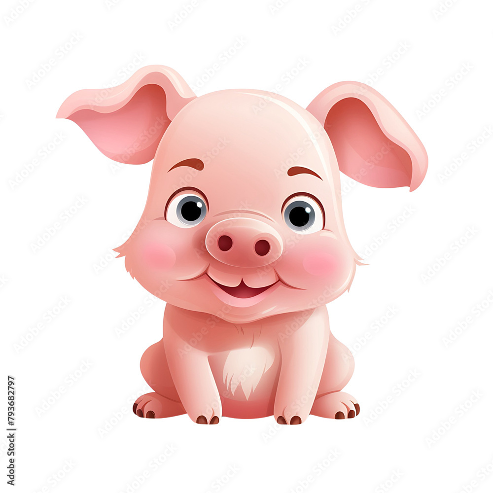 Naklejka premium Illustration of a cheerful pink piglet standing, with a cute expression and a slight shadow underfoot. Generative AI