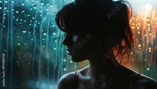 a woman is standing in front of a window with rain drops on it