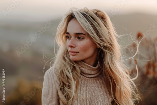  beautiful blonde, long blonde hair, shiny hair, feminine, thick hair, small waist, looking away, looking down, portrait, neutral beige and blush tones, misty mountain vie