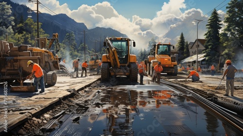 A group of men in work attire standing around a construction site, discussing plans and inspecting progress photo