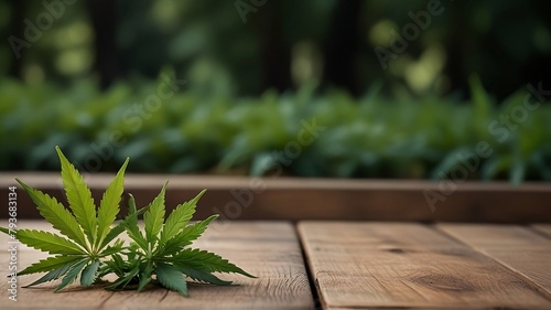 cannabis leaf on old wooden table with bokeh background. 