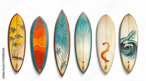 A row of surfboards with different designs and colors. The surfboards are displayed on a white background © Cloudyew