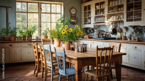 A cozy kitchen featuring a rustic wooden table surrounded by chairs  inviting gatherings and conversations