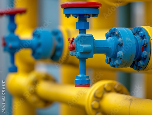 Close-up of vibrant blue and yellow gas valves and pipelines, symbolizing energy control and delivery.