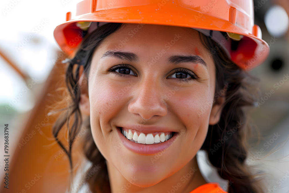 Closeup portrait of a smiling female worker confidently wears a hard hat and bright orange safety vest Closeup portrait of a smiling female worker confidently wears a hard hat and bright orange safety vest