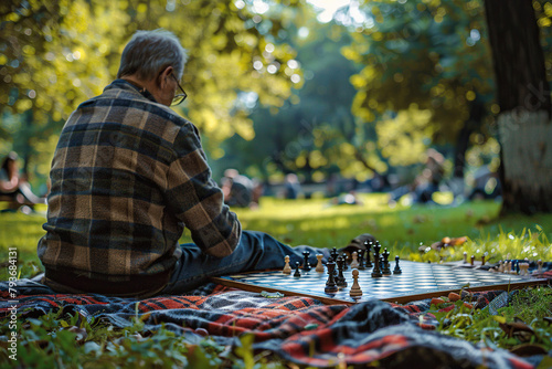 An elderly man sits in a park on the grass next to a chessboard. Retirement hobby concept. Generated by artificial intelligence