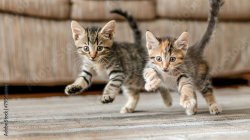 Two young kittens energetically running on the floor in front of a comfortable couch