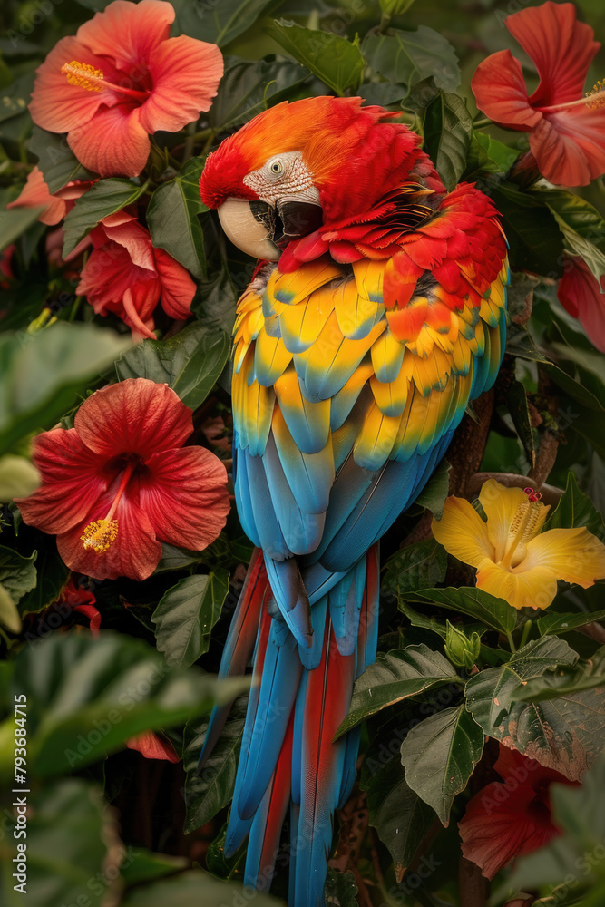Obraz premium A vibrant parrot with diverse feathers sits atop a leafy tree branch