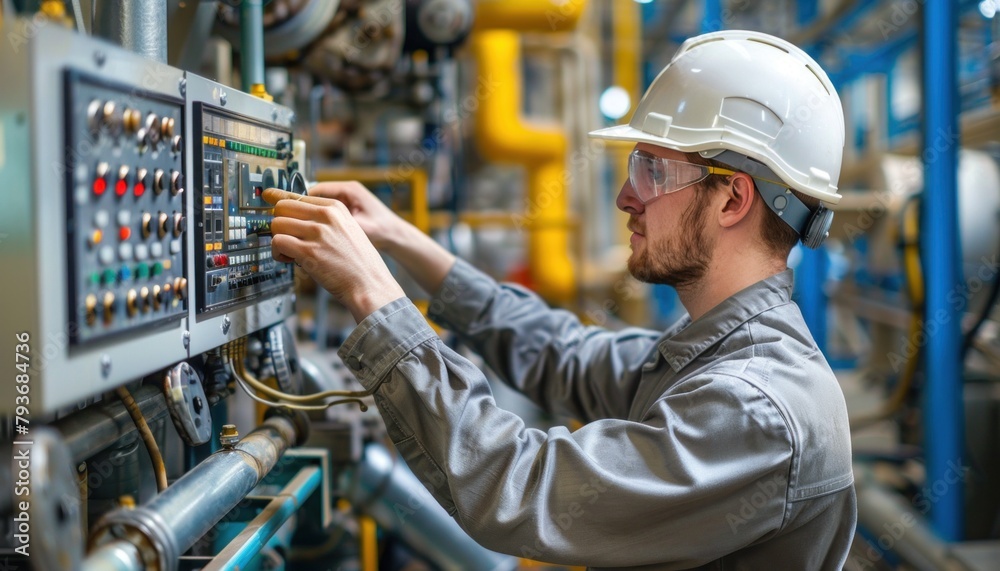 An engineer in workwear and hard hat is operating a machine in a factory An engineer in workwear and hard hat is operating a machine in a factory