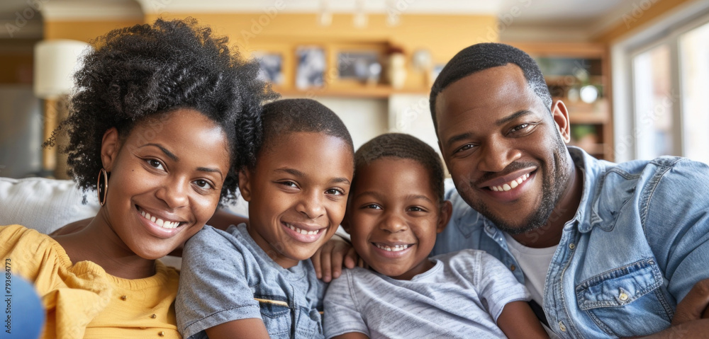 a family is posing for a picture while sitting on a couch a family is posing for a picture while sitting on a couch