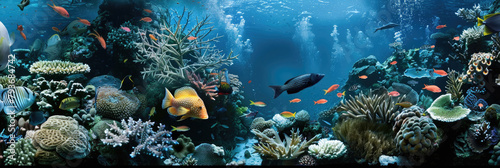 An expansive aquarium housing numerous species of fish swimming gracefully in their underwater habitat © sommersby