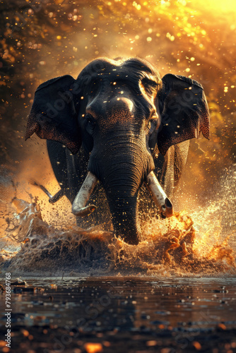 An elephant is joyfully splashing water with its trunk in a body of water  creating a refreshing spray