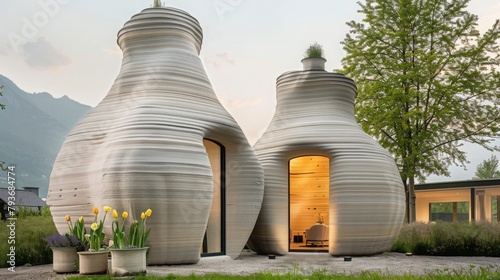 This photo showcases an ingenious architectural design featuring a house creatively built using two oversized pots, An artist's realistic representation of 3D printed homes