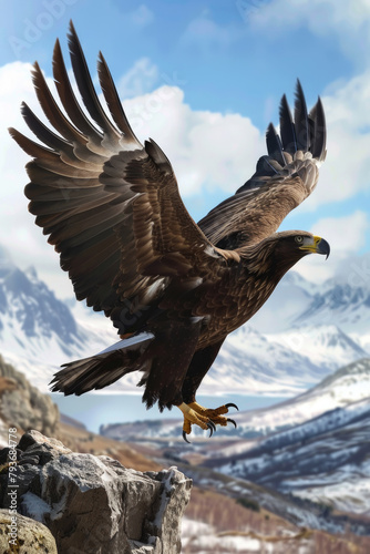 A powerful bird of prey flies gracefully over a rugged mountain landscape, showcasing its impressive wingspan and keen hunting skills