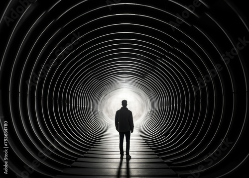 silhouette of a businessman, seen from behind, standing within the LED technology-lit confines of an underground tunnel, his figure outlined by the striking play of light.