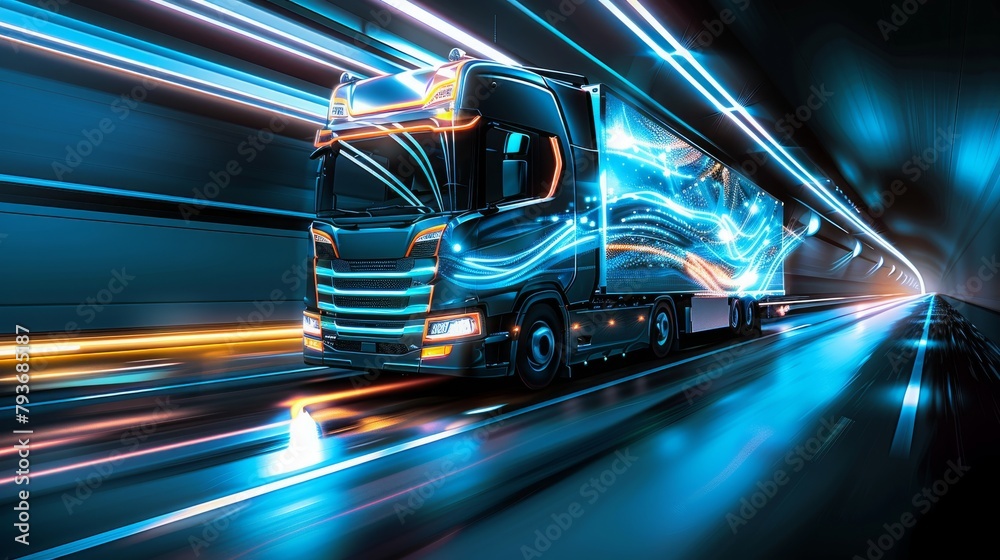 Truck bus electric car of the future rides on the road in the tunnel, eco clean environment without harmful waste, neon light at night in the tunnel, long exposure