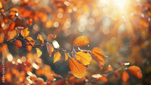 A branch of a tree with orange leaves in front of an out of focus background of leaves and light.