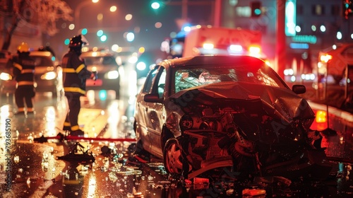 Against the backdrop of flashing lights, the car crash aftermath evokes a sense of shock and disbelief, as emergency responders work swiftly to assess the situation and render aid. photo