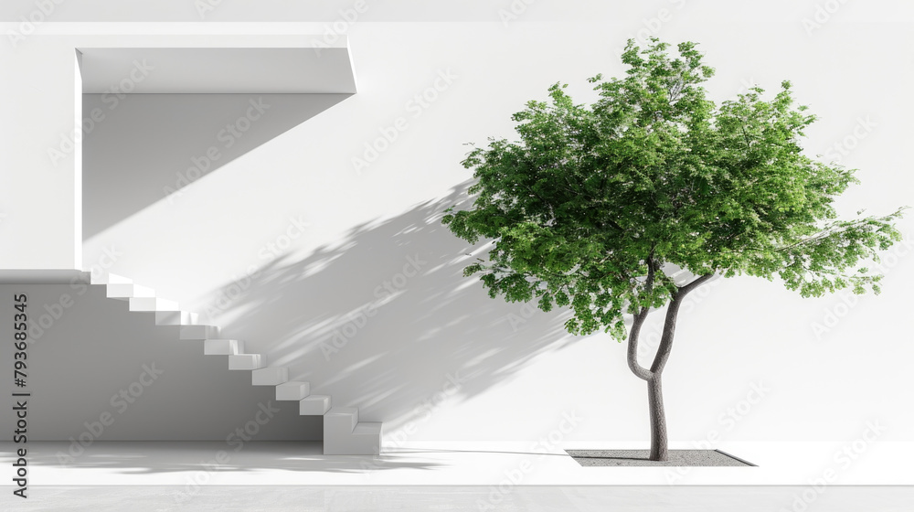 Obraz premium A small tree planted in a planter stands in front of a white wall, showcasing a simple and minimalist outdoor decor