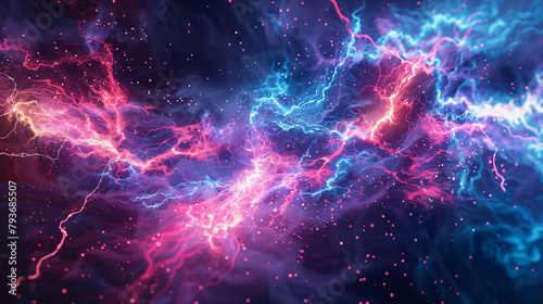 Neural activity or cosmic interaction, showcasing intertwining streams of pink and blue energy.