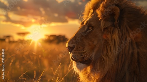 Majestic Lion at Sunset in Savannah  Serene Wildlife Scene. Regal Animal Gazing into Distance. Picture Perfect African Landscape  Vital for Ecological Projects. AI