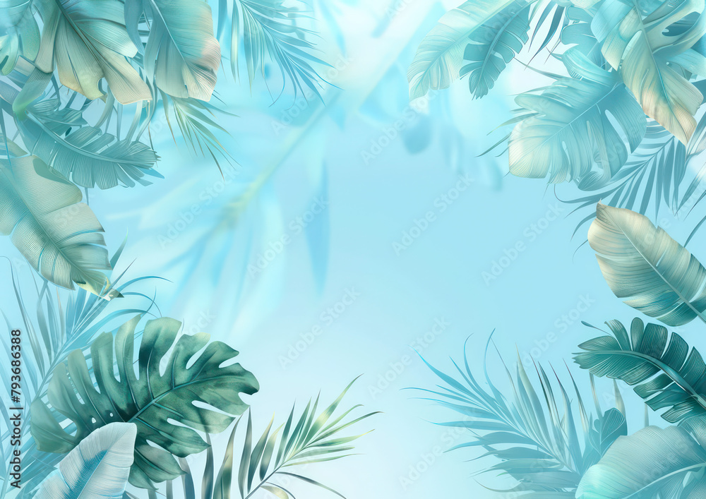 Tropical palm leaves on light blue background. Summer composition. Flat lay, top view, copy space