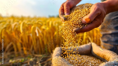 Freshly harvested golden grains pouring into burlap sack in sunlit field. Sustainable agriculture and farming. Hands of a farmer at work. AI photo