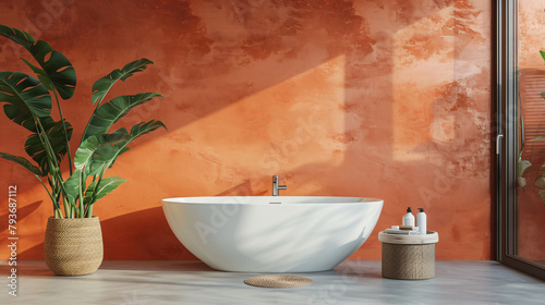 Minimalist bathroom with orange wall background