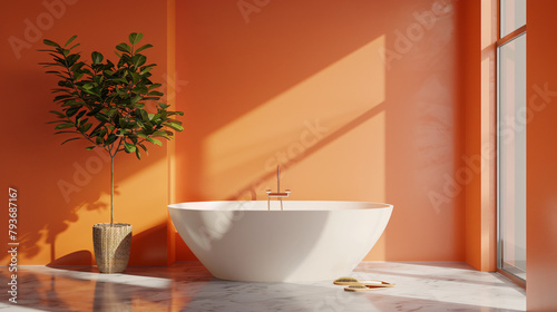 Minimalist bathroom with orange wall background