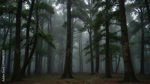 fog in the forest, morning in the forest, Dense forest view capturing trees in various life stages - from saplings to towering mature trees - wide format © Kashif