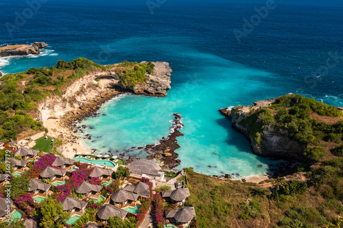 Nusa Ceningan, Bali: Aerial view of the famous blue lagoon surrounded by steep cliffs  in Nusa Ceningan, a small island near Bali in Indonesia. photo